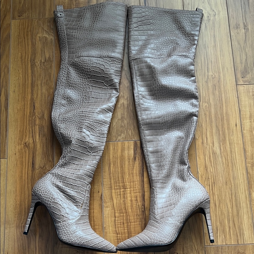 Guess Beige Croc-Pattern Over-the-Knee Boots